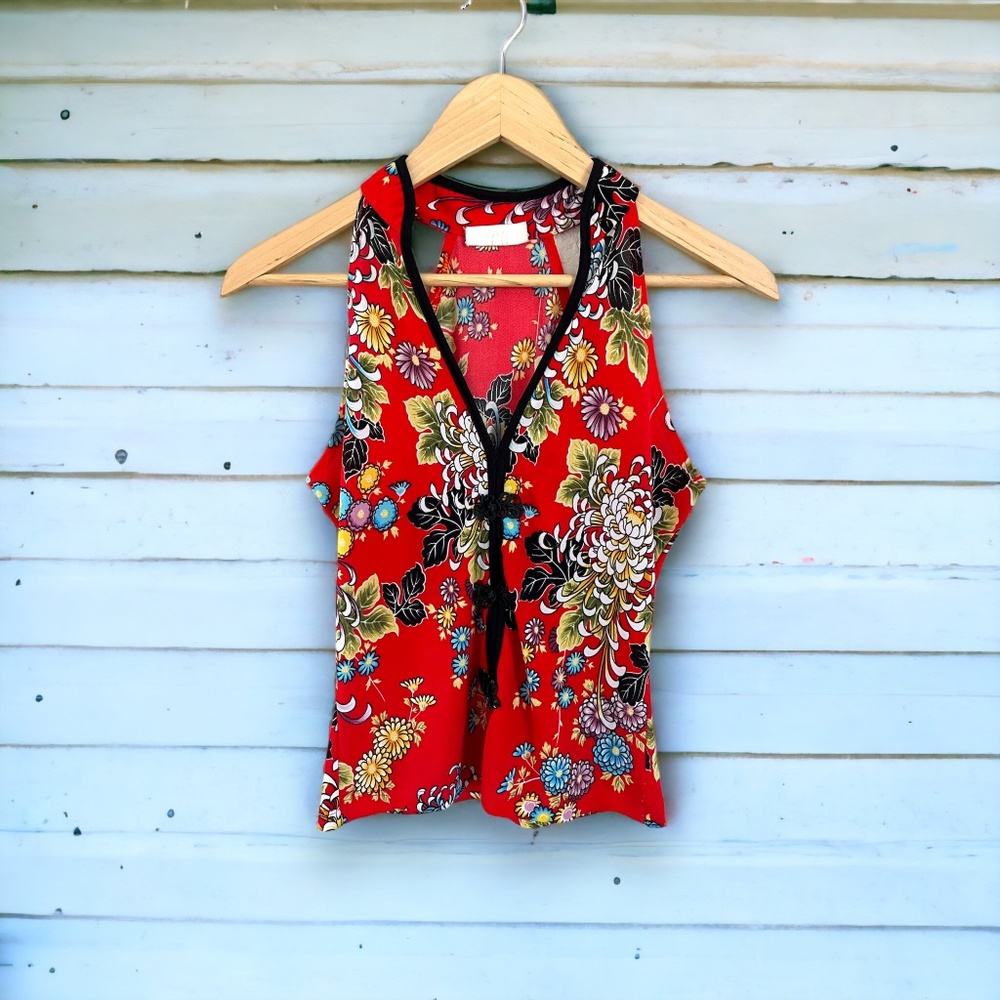 Women's Vintage Retro Red Print V-Neck Tank Blouse Size Small X-Small